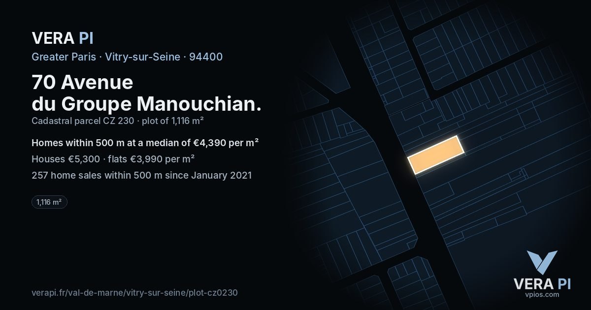 70 Avenue du Groupe Manouchian, Vitry-sur-Seine at night – the plot lit, the parcels around coloured by the prices near them
