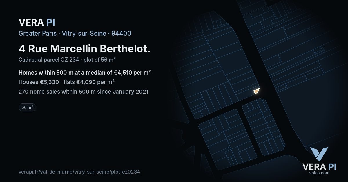 4 Rue Marcellin Berthelot, Vitry-sur-Seine at night – the plot lit, the parcels around coloured by the prices near them