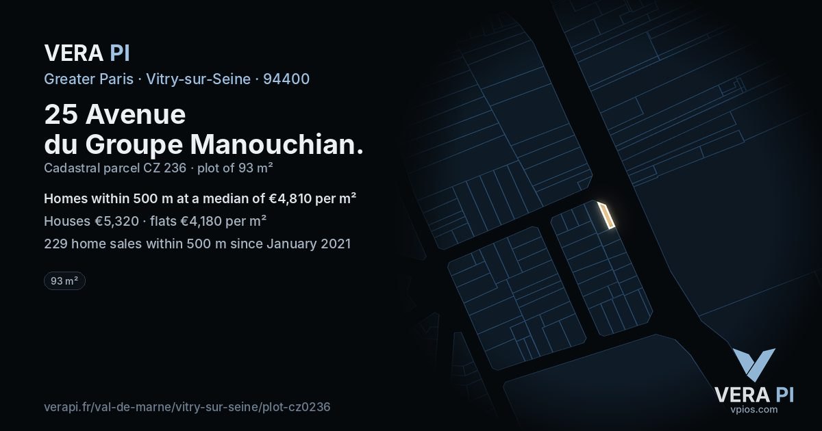 25 Avenue du Groupe Manouchian, Vitry-sur-Seine at night – the plot lit, the parcels around coloured by the prices near them