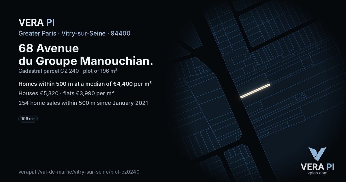 68 Avenue du Groupe Manouchian, Vitry-sur-Seine at night – the plot lit, the parcels around coloured by the prices near them