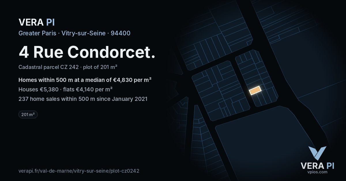 4 Rue Condorcet, Vitry-sur-Seine at night – the plot lit, the parcels around coloured by the prices near them
