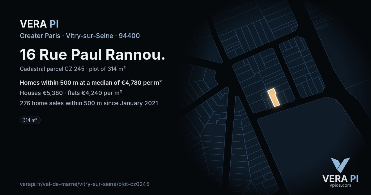16 Rue Paul Rannou, Vitry-sur-Seine at night – the plot lit, the parcels around coloured by the prices near them