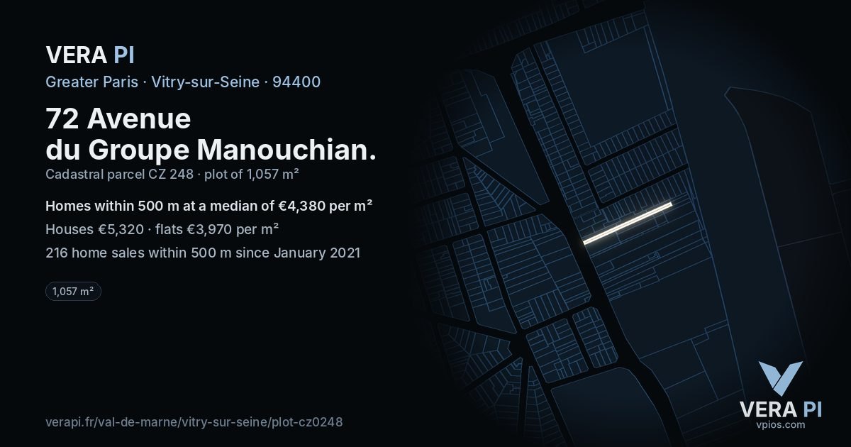 72 Avenue du Groupe Manouchian, Vitry-sur-Seine at night – the plot lit, the parcels around coloured by the prices near them