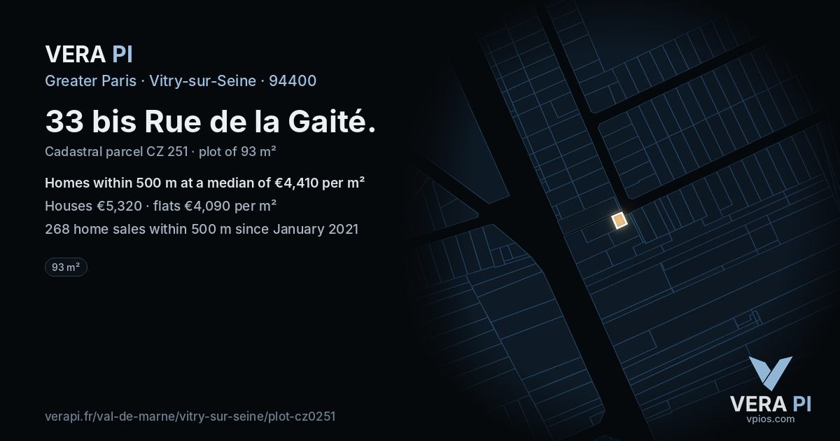 33 bis Rue de la Gaité, Vitry-sur-Seine at night – the plot lit, the parcels around coloured by the prices near them