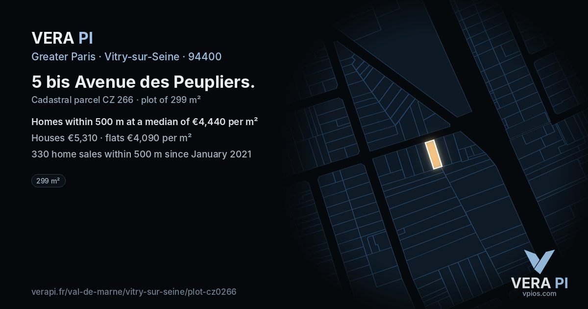 5 bis Avenue des Peupliers, Vitry-sur-Seine at night – the plot lit, the parcels around coloured by the prices near them