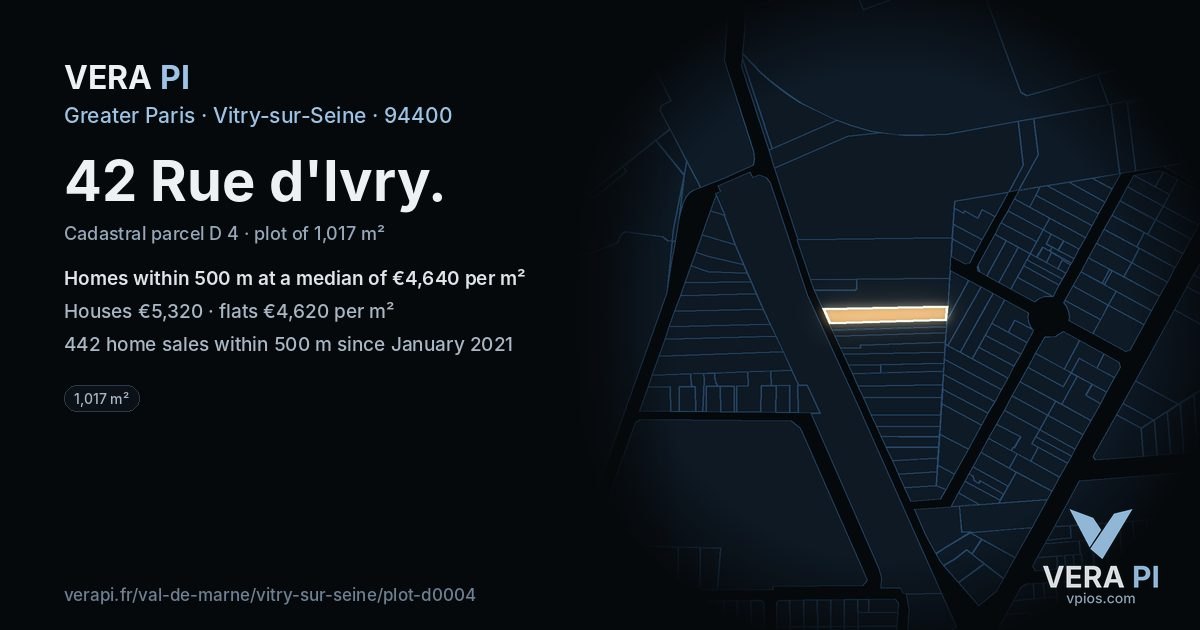 42 Rue d'Ivry, Vitry-sur-Seine at night – the plot lit, the parcels around coloured by the prices near them