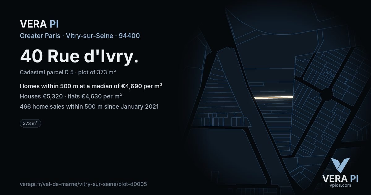 40 Rue d'Ivry, Vitry-sur-Seine at night – the plot lit, the parcels around coloured by the prices near them
