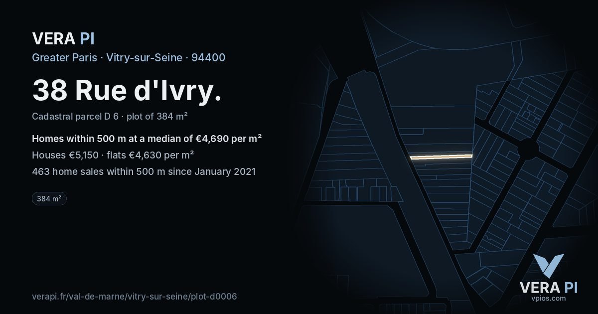 38 Rue d'Ivry, Vitry-sur-Seine at night – the plot lit, the parcels around coloured by the prices near them