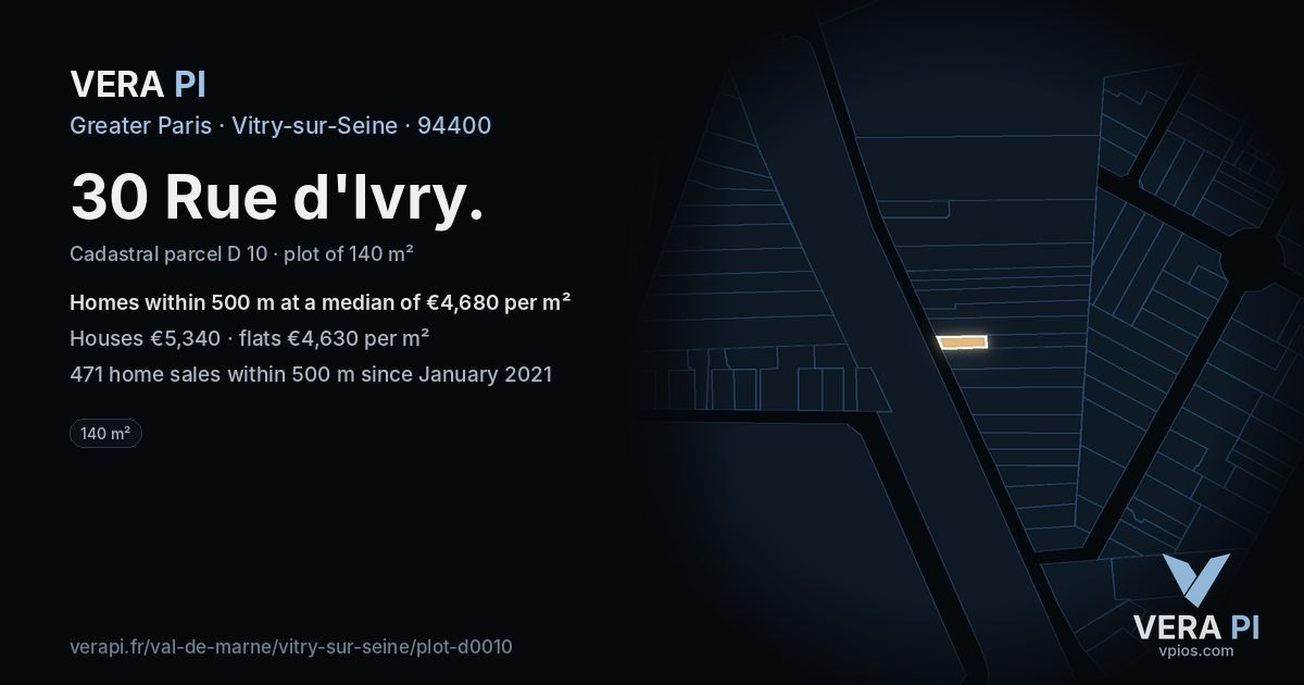 30 Rue d'Ivry, Vitry-sur-Seine at night – the plot lit, the parcels around coloured by the prices near them