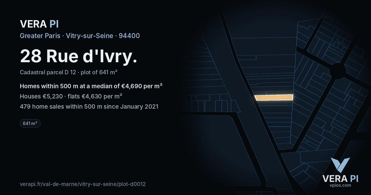 28 Rue d'Ivry, Vitry-sur-Seine at night – the plot lit, the parcels around coloured by the prices near them