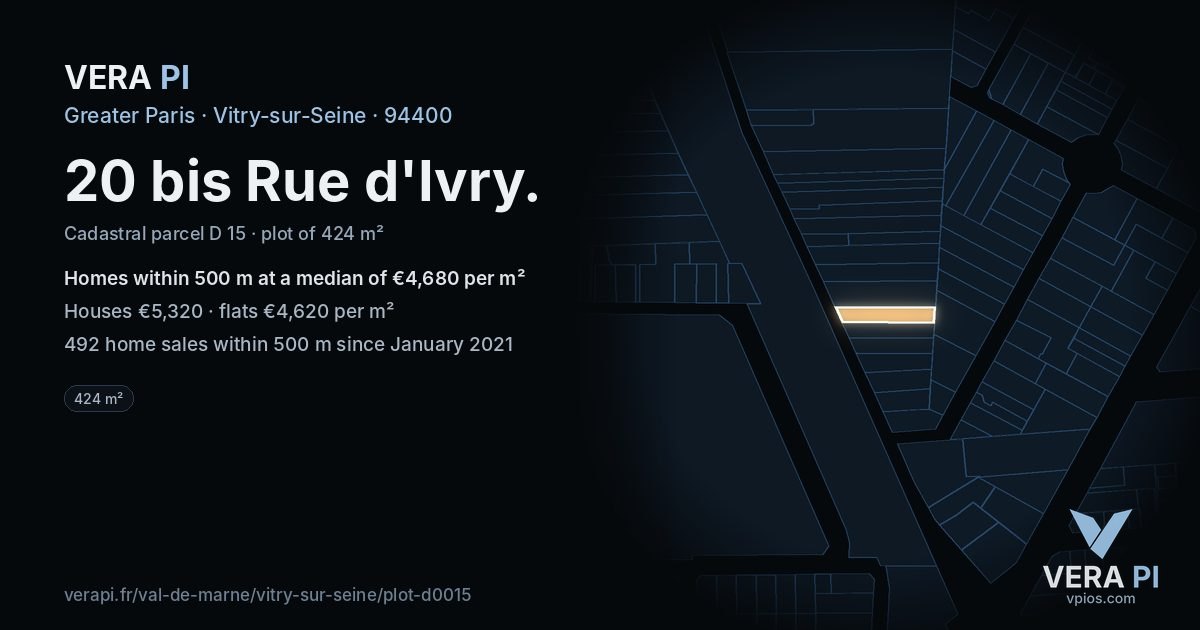 20 bis Rue d'Ivry, Vitry-sur-Seine at night – the plot lit, the parcels around coloured by the prices near them