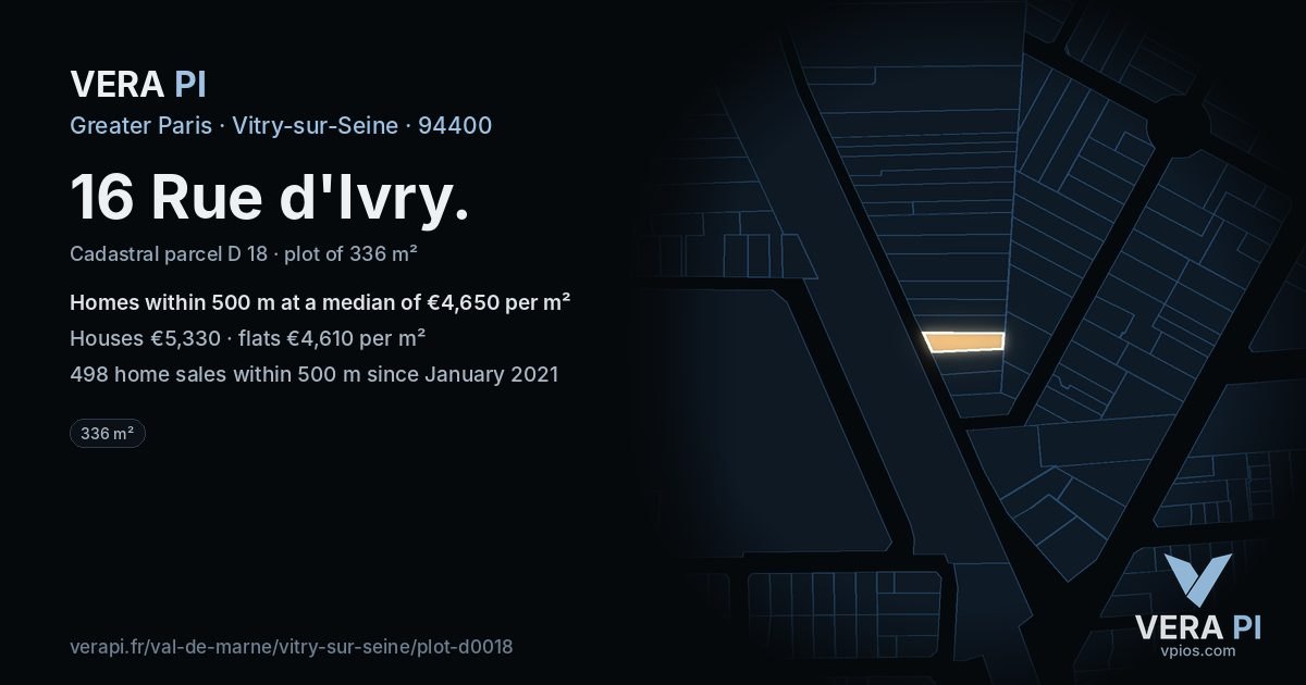 16 Rue d'Ivry, Vitry-sur-Seine at night – the plot lit, the parcels around coloured by the prices near them
