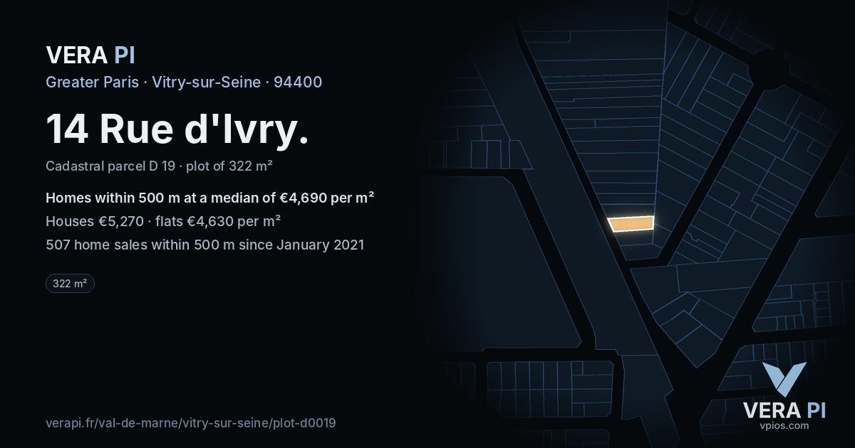 14 Rue d'Ivry, Vitry-sur-Seine at night – the plot lit, the parcels around coloured by the prices near them