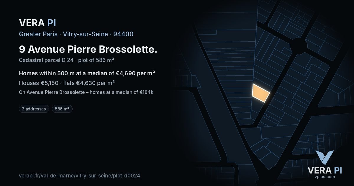 9 Avenue Pierre Brossolette, Vitry-sur-Seine at night – the plot lit, the parcels around coloured by the prices near them