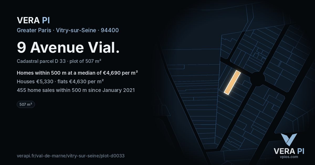 9 Avenue Vial, Vitry-sur-Seine at night – the plot lit, the parcels around coloured by the prices near them
