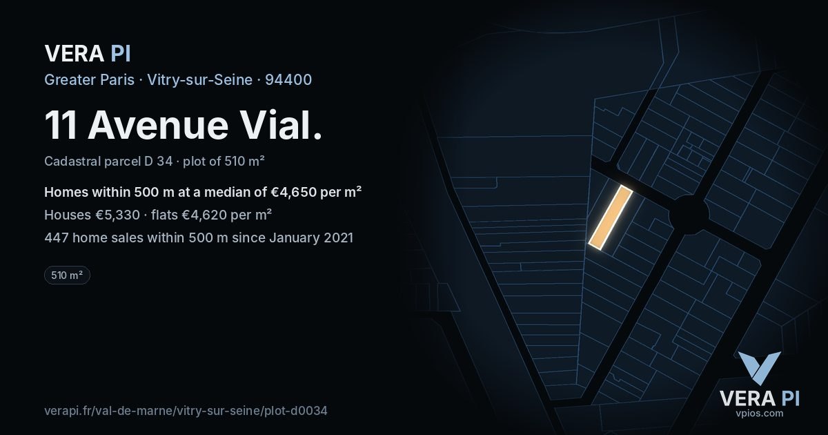 11 Avenue Vial, Vitry-sur-Seine at night – the plot lit, the parcels around coloured by the prices near them