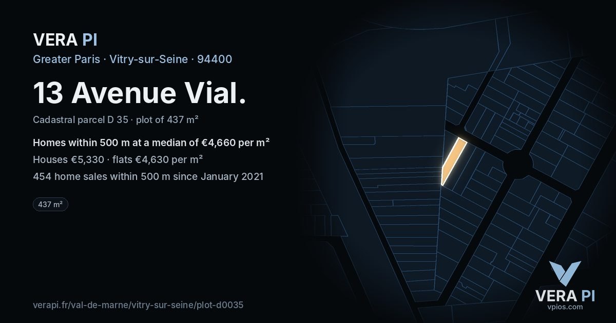 13 Avenue Vial, Vitry-sur-Seine at night – the plot lit, the parcels around coloured by the prices near them