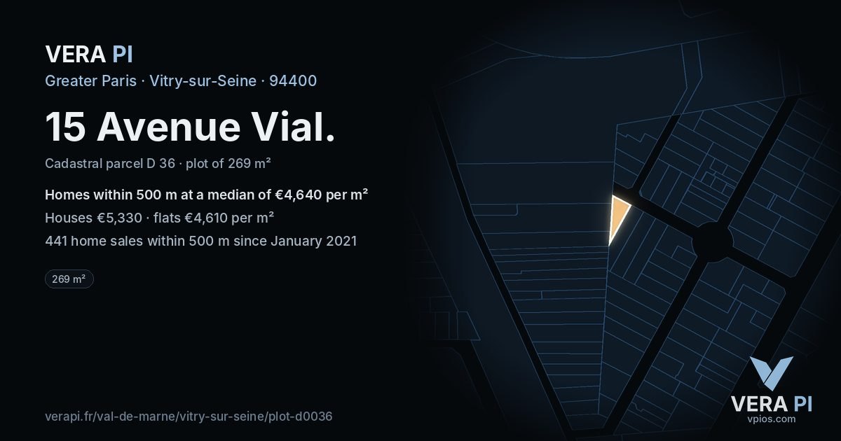 15 Avenue Vial, Vitry-sur-Seine at night – the plot lit, the parcels around coloured by the prices near them
