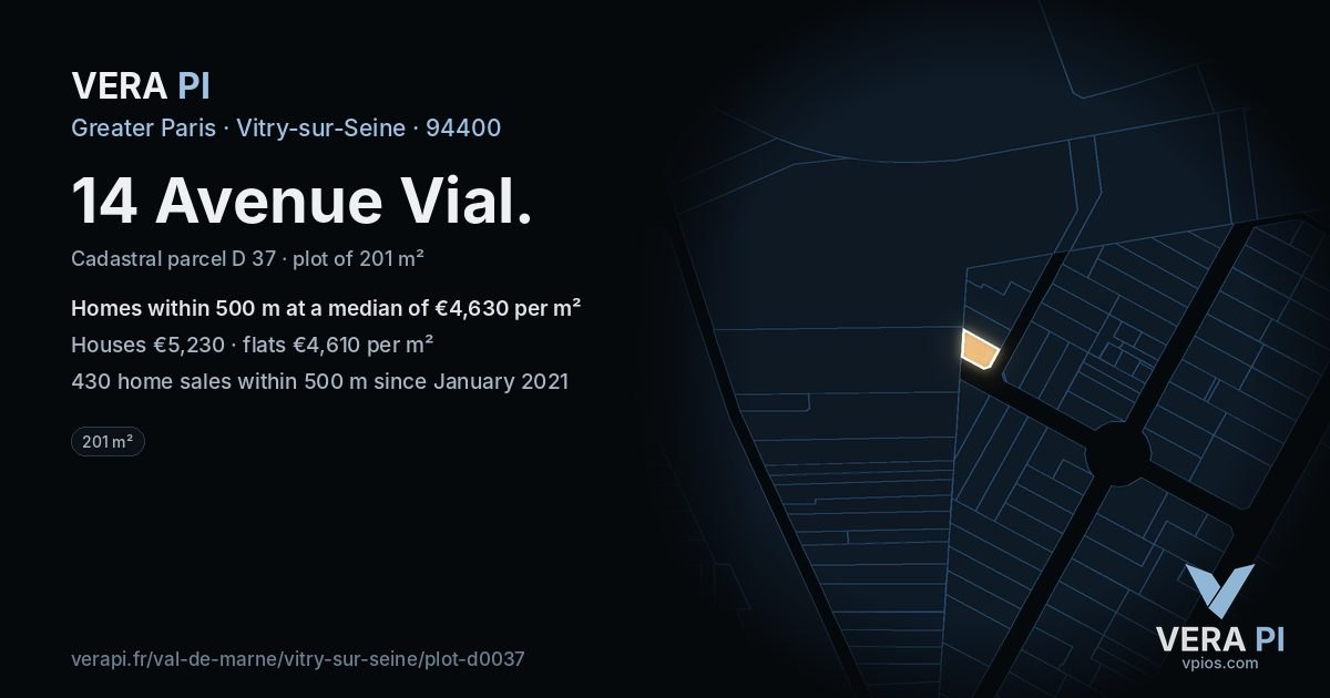 14 Avenue Vial, Vitry-sur-Seine at night – the plot lit, the parcels around coloured by the prices near them