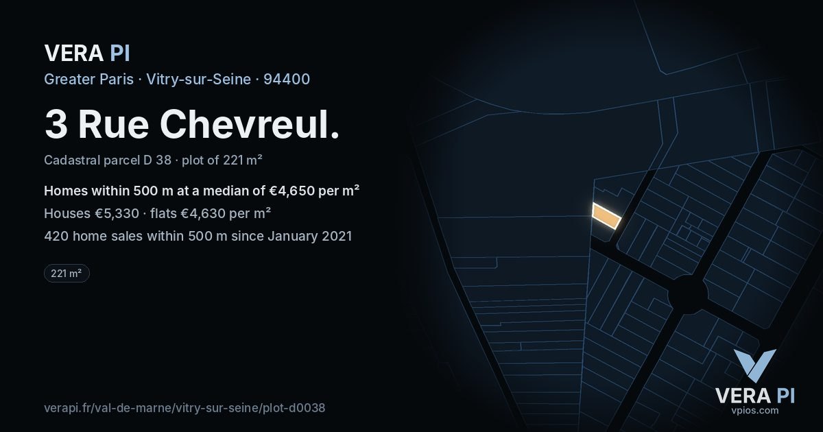 3 Rue Chevreul, Vitry-sur-Seine at night – the plot lit, the parcels around coloured by the prices near them
