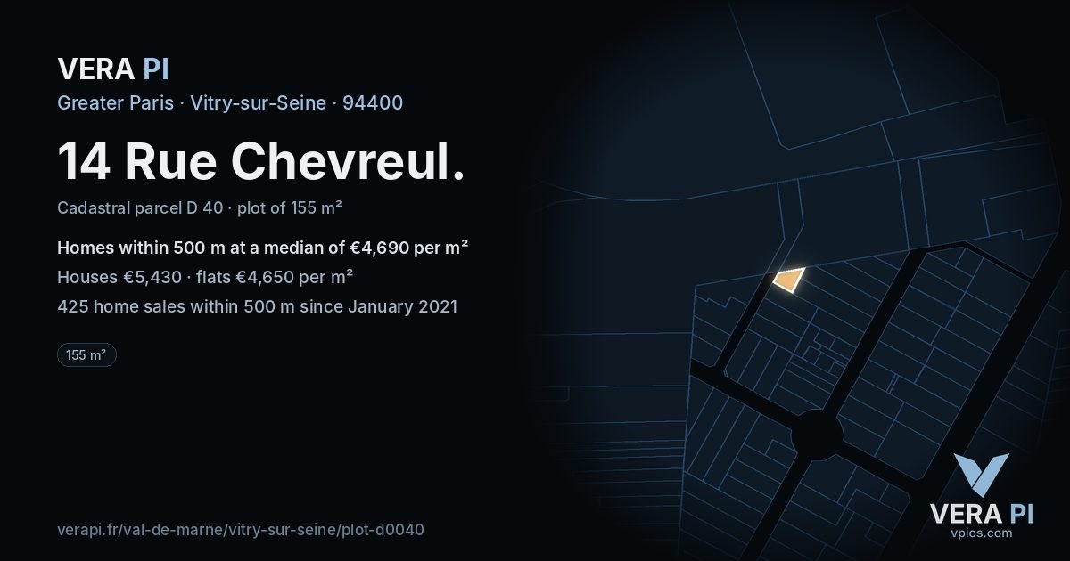 14 Rue Chevreul, Vitry-sur-Seine at night – the plot lit, the parcels around coloured by the prices near them
