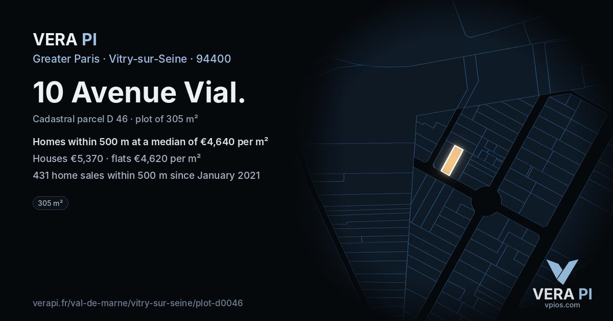 10 Avenue Vial, Vitry-sur-Seine at night – the plot lit, the parcels around coloured by the prices near them