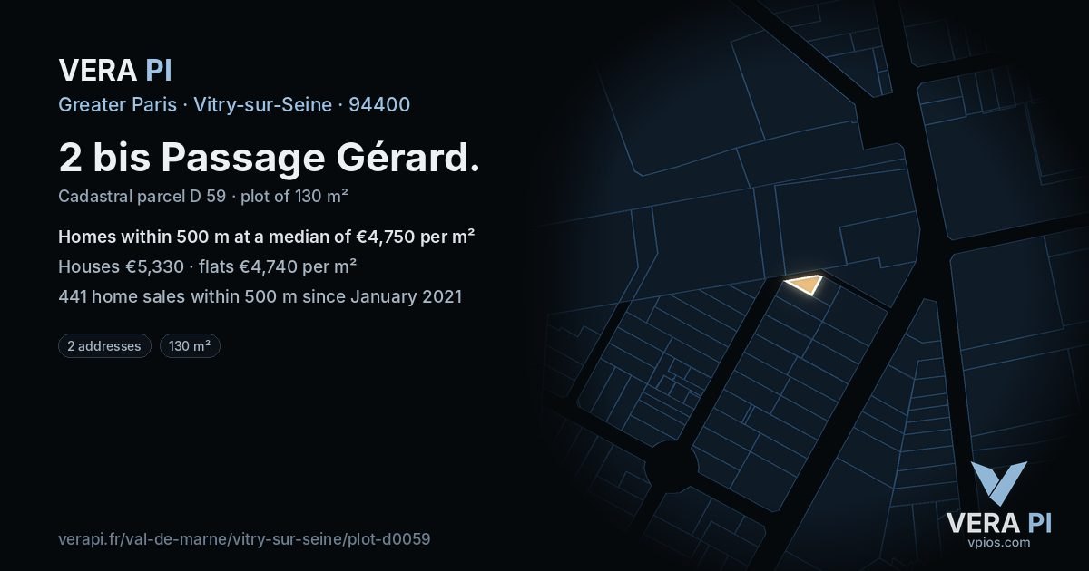 2 bis Passage Gérard, Vitry-sur-Seine at night – the plot lit, the parcels around coloured by the prices near them