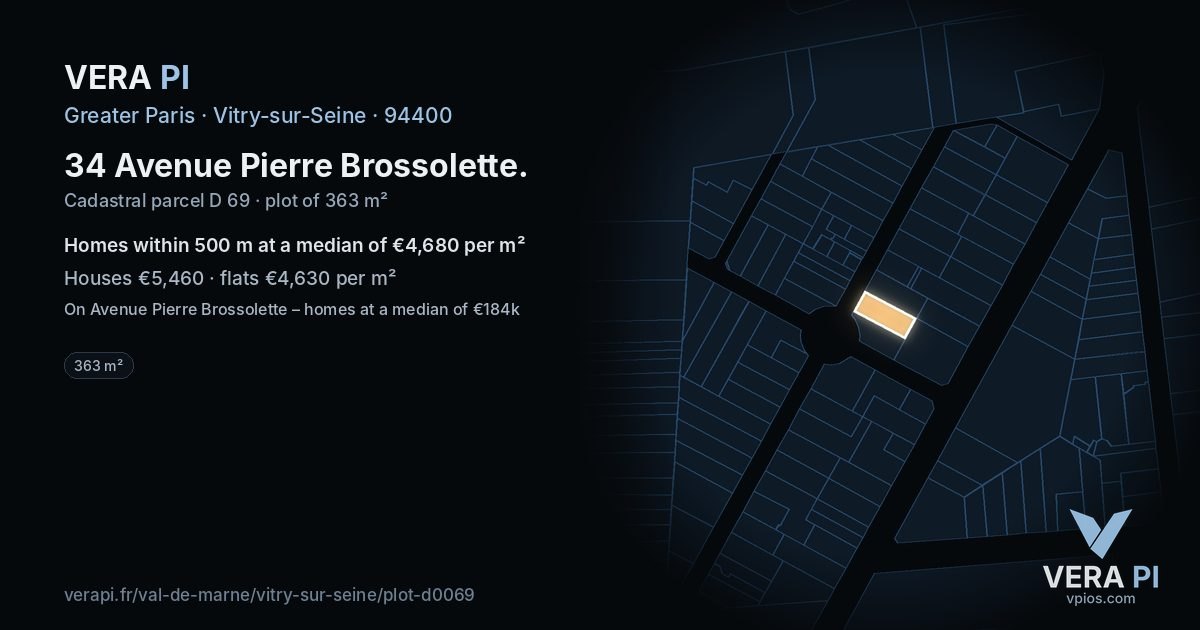 34 Avenue Pierre Brossolette, Vitry-sur-Seine at night – the plot lit, the parcels around coloured by the prices near them