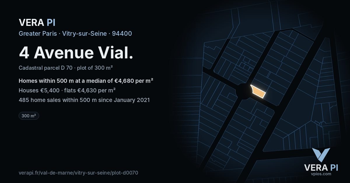 4 Avenue Vial, Vitry-sur-Seine at night – the plot lit, the parcels around coloured by the prices near them