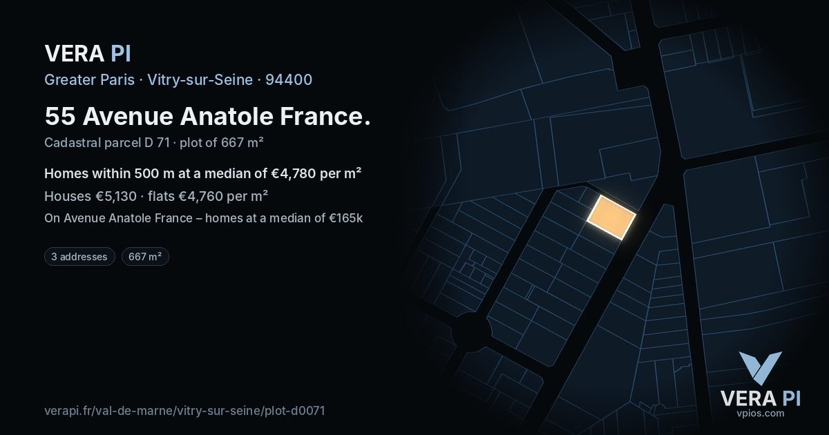 55 Avenue Anatole France, Vitry-sur-Seine at night – the plot lit, the parcels around coloured by the prices near them
