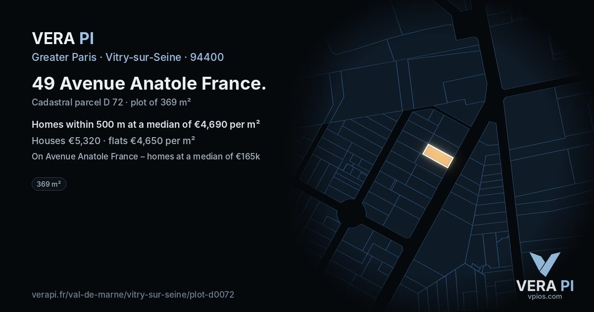 49 Avenue Anatole France, Vitry-sur-Seine at night – the plot lit, the parcels around coloured by the prices near them