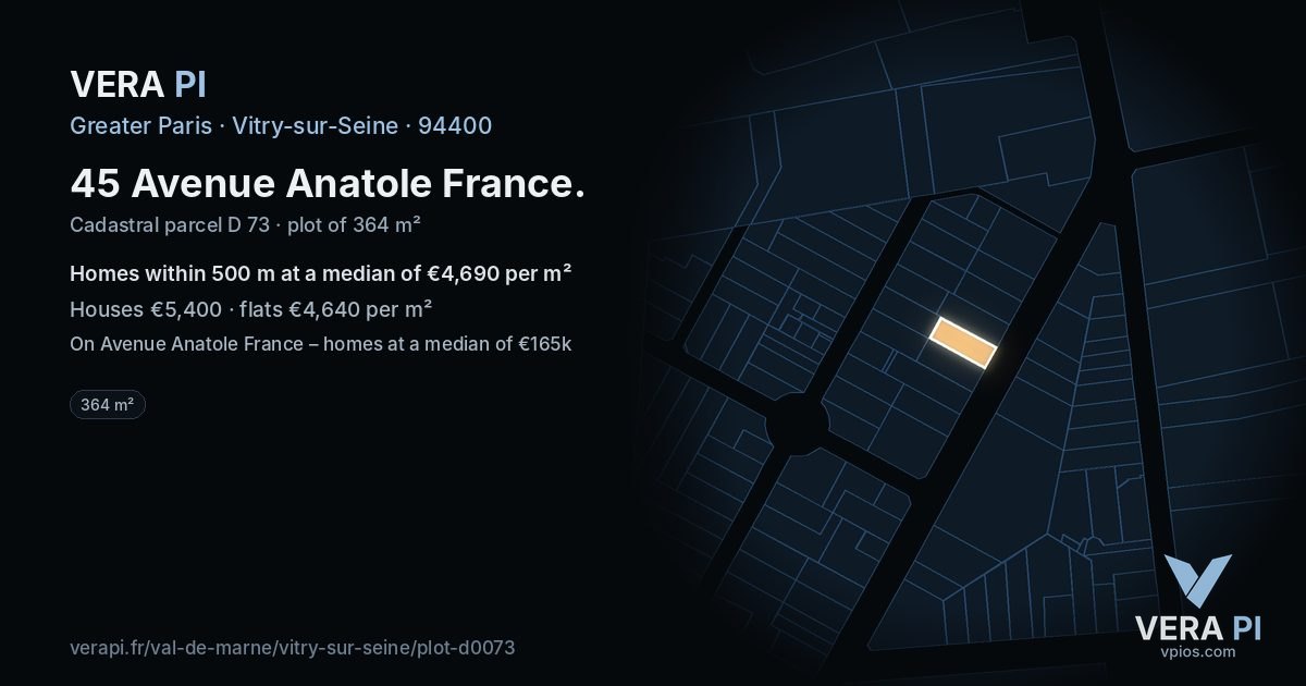 45 Avenue Anatole France, Vitry-sur-Seine at night – the plot lit, the parcels around coloured by the prices near them