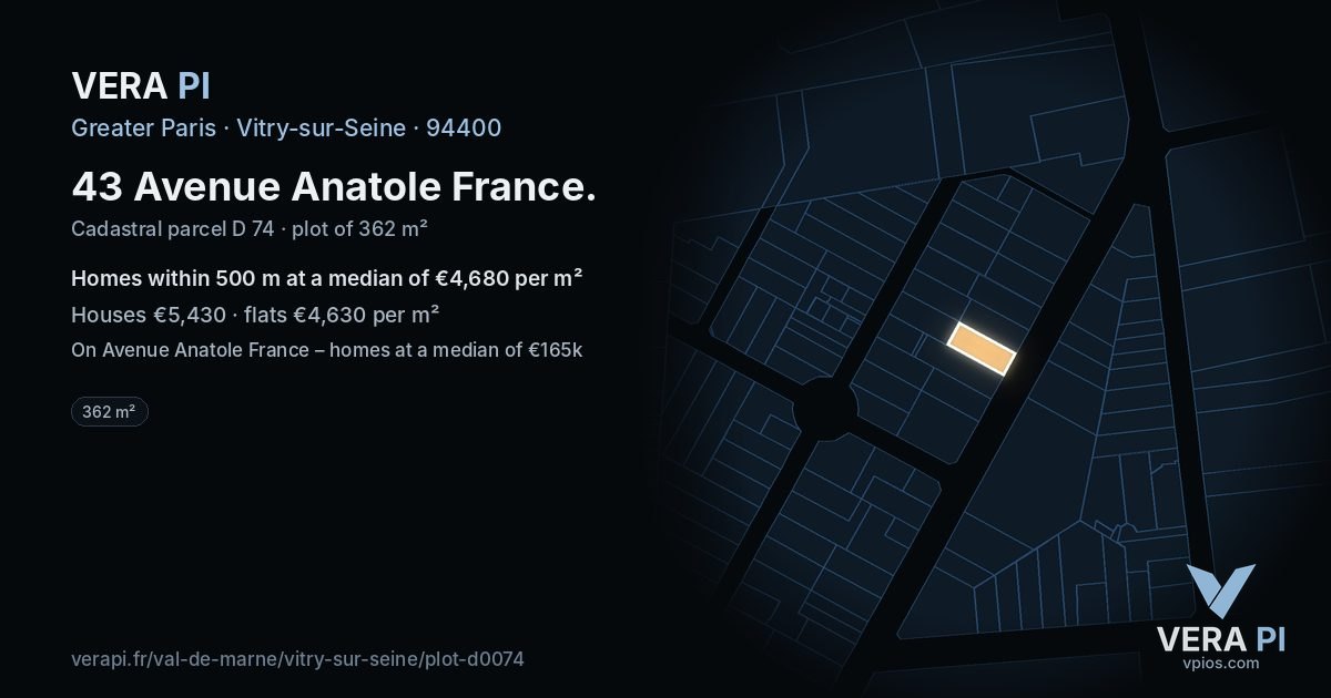 43 Avenue Anatole France, Vitry-sur-Seine at night – the plot lit, the parcels around coloured by the prices near them