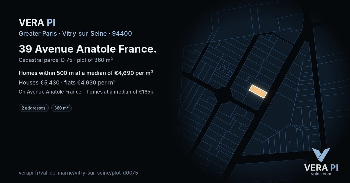 39 Avenue Anatole France, Vitry-sur-Seine at night – the plot lit, the parcels around coloured by the prices near them
