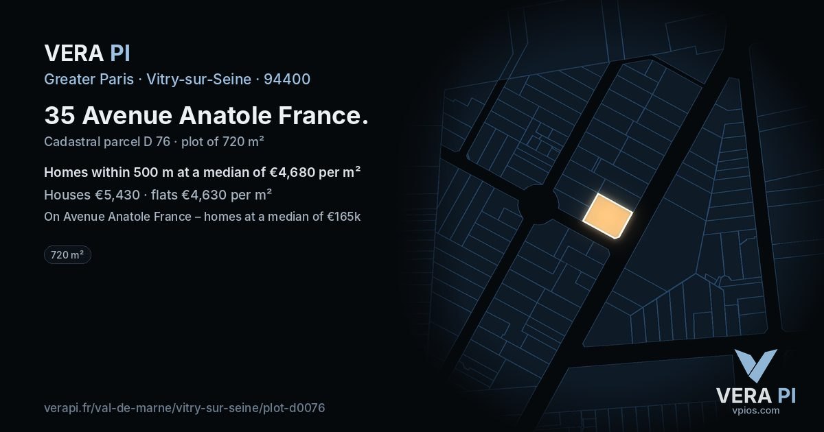 35 Avenue Anatole France, Vitry-sur-Seine at night – the plot lit, the parcels around coloured by the prices near them