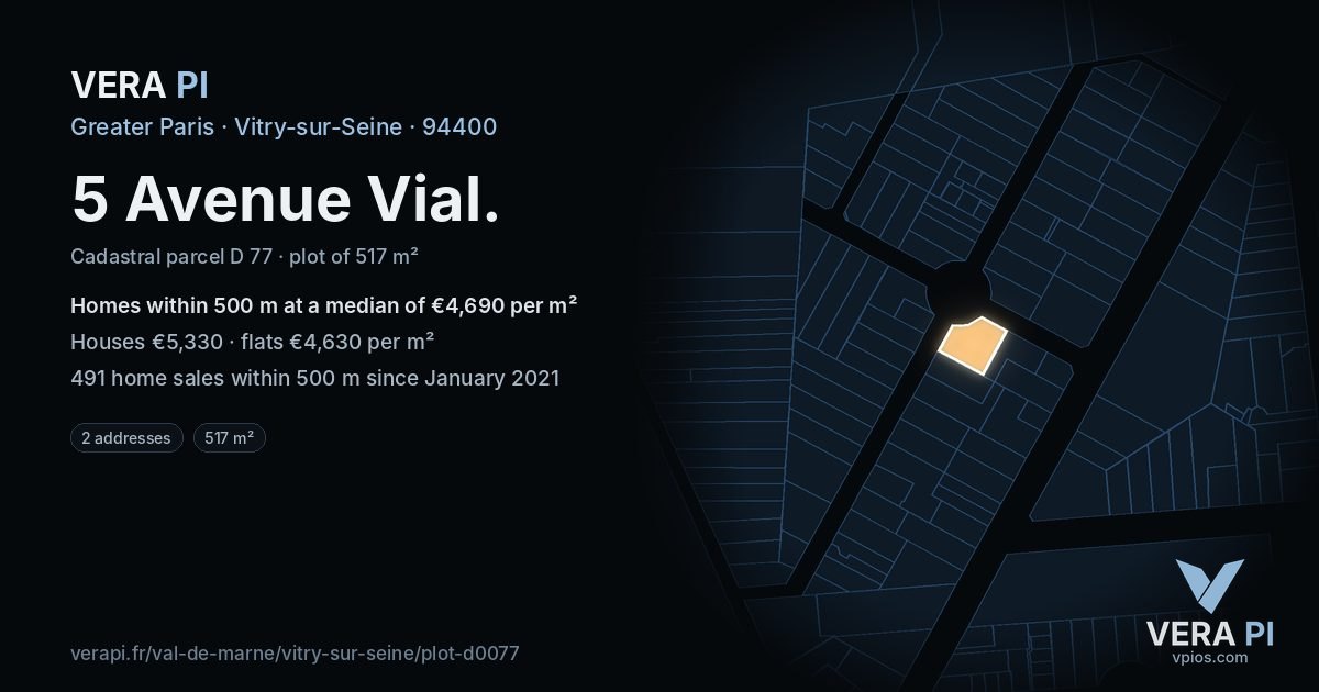 5 Avenue Vial, Vitry-sur-Seine at night – the plot lit, the parcels around coloured by the prices near them