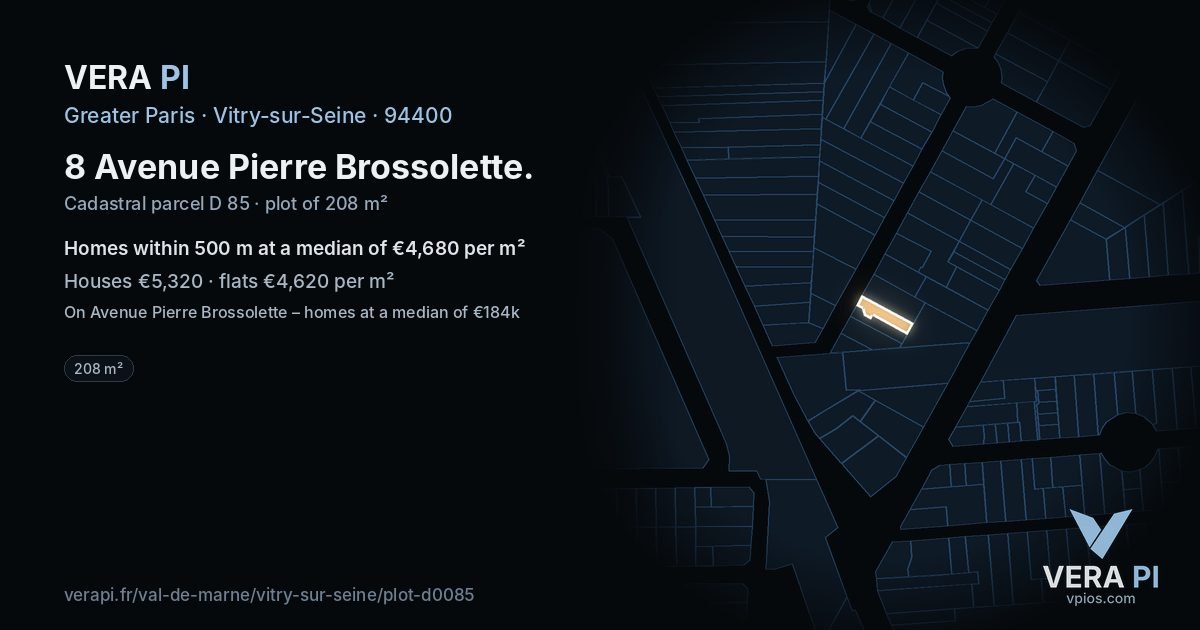 8 Avenue Pierre Brossolette, Vitry-sur-Seine at night – the plot lit, the parcels around coloured by the prices near them