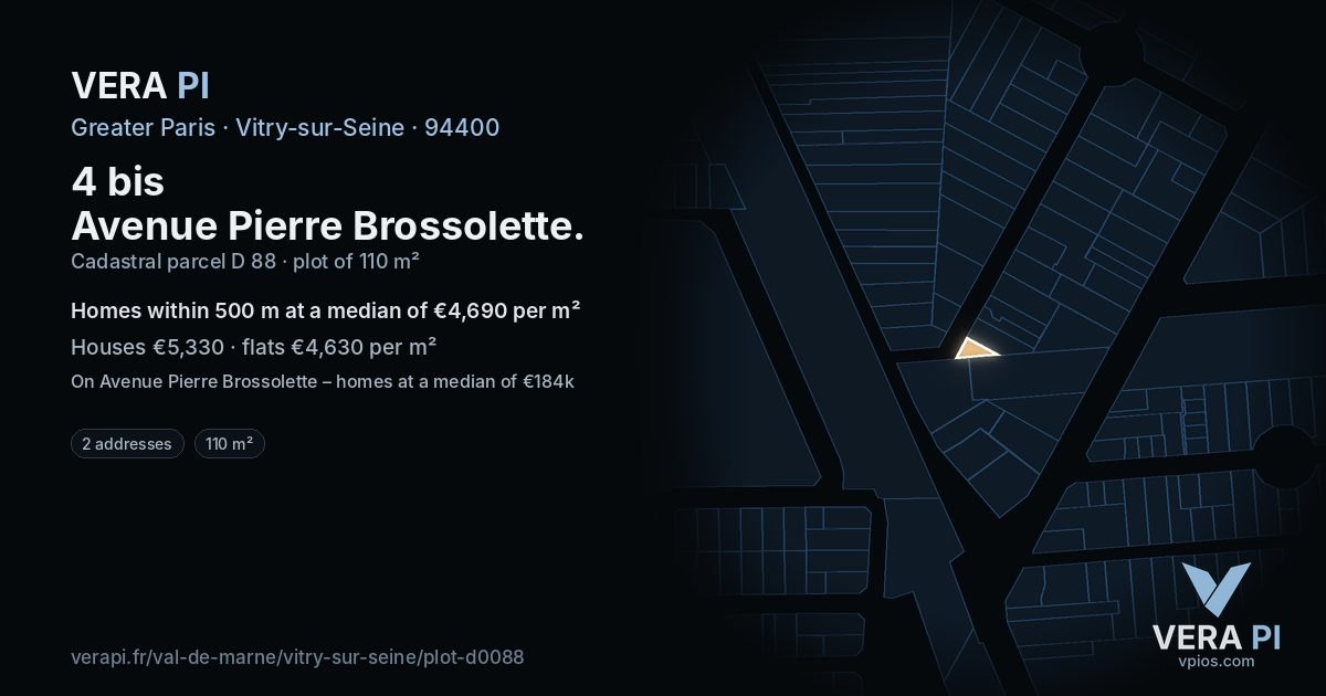 4 bis Avenue Pierre Brossolette, Vitry-sur-Seine at night – the plot lit, the parcels around coloured by the prices near them