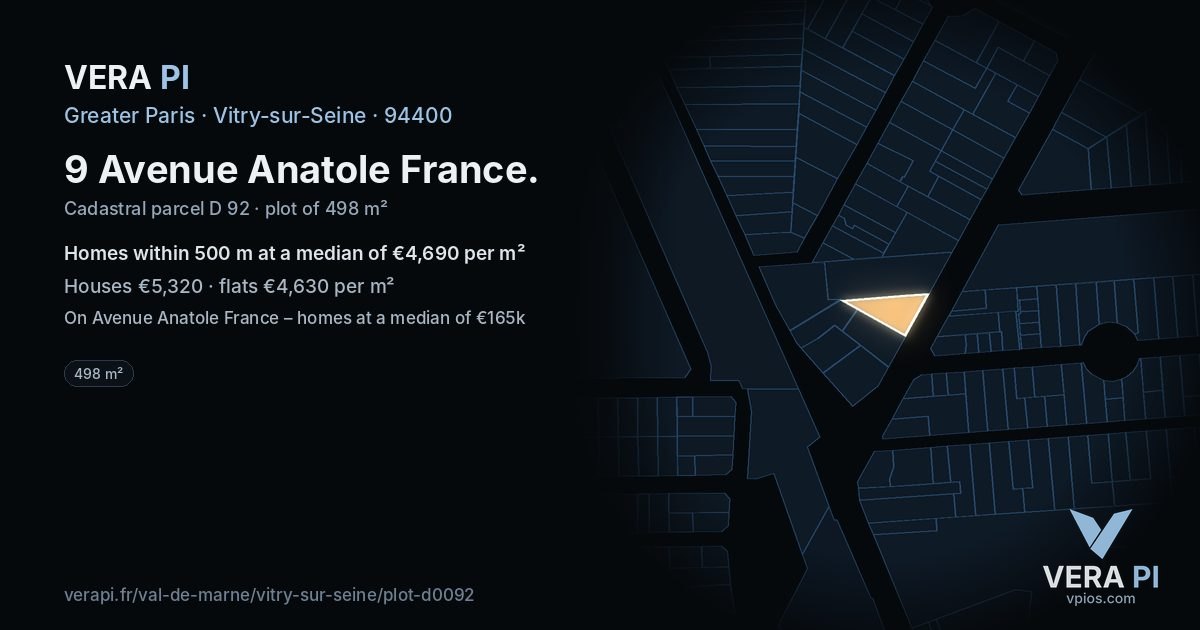 9 Avenue Anatole France, Vitry-sur-Seine at night – the plot lit, the parcels around coloured by the prices near them