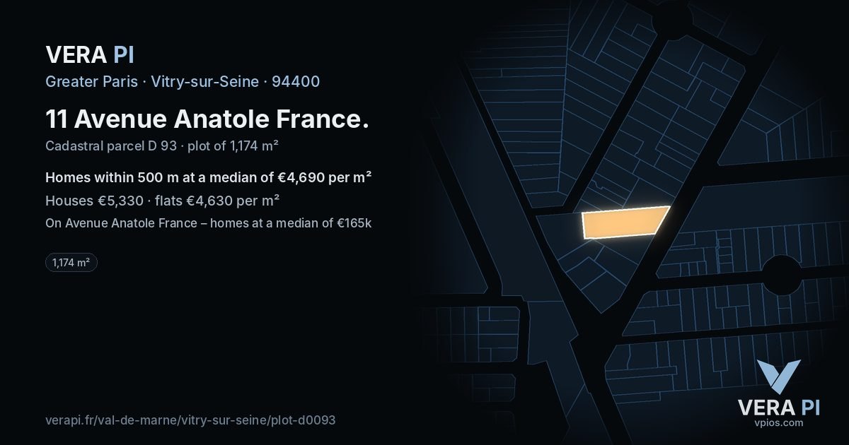 11 Avenue Anatole France, Vitry-sur-Seine at night – the plot lit, the parcels around coloured by the prices near them