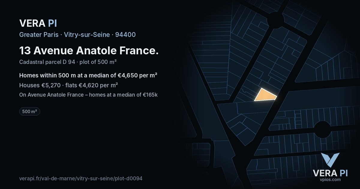 13 Avenue Anatole France, Vitry-sur-Seine at night – the plot lit, the parcels around coloured by the prices near them