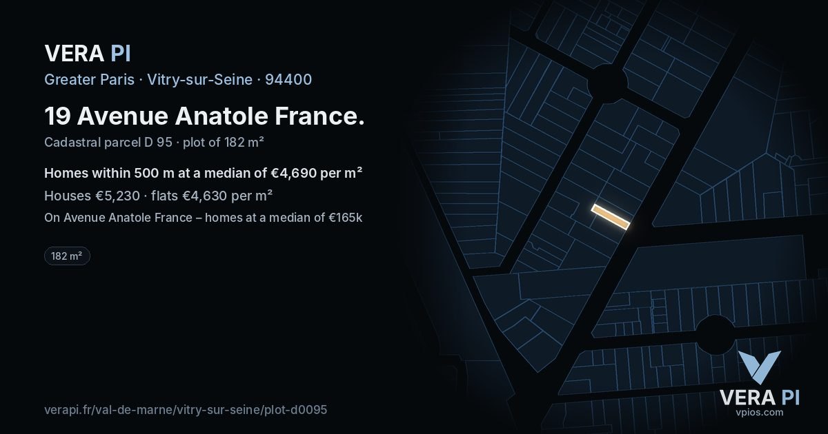 19 Avenue Anatole France, Vitry-sur-Seine at night – the plot lit, the parcels around coloured by the prices near them