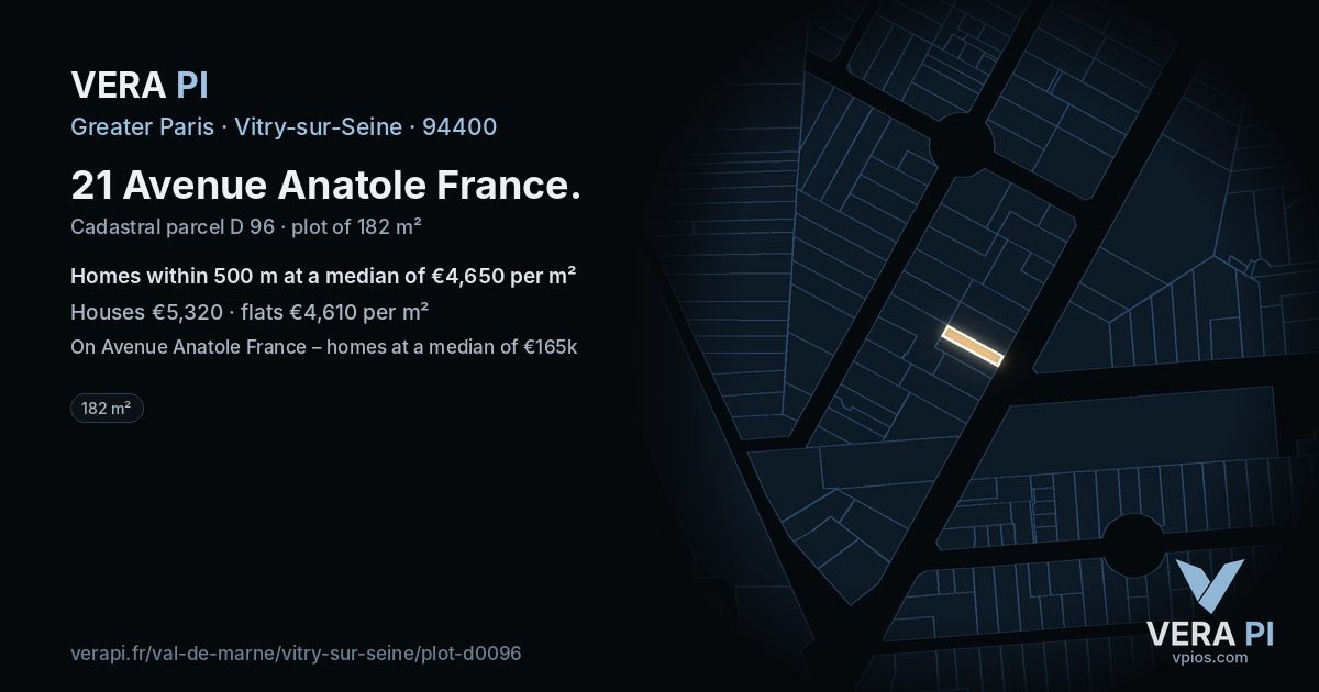 21 Avenue Anatole France, Vitry-sur-Seine at night – the plot lit, the parcels around coloured by the prices near them