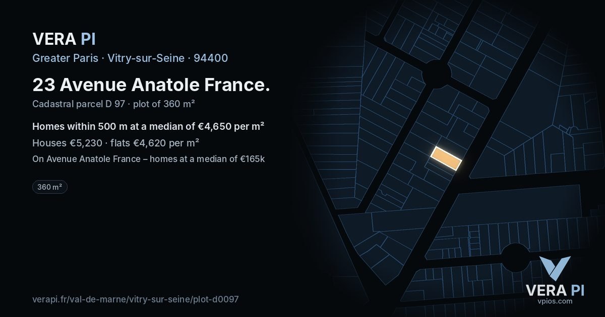23 Avenue Anatole France, Vitry-sur-Seine at night – the plot lit, the parcels around coloured by the prices near them