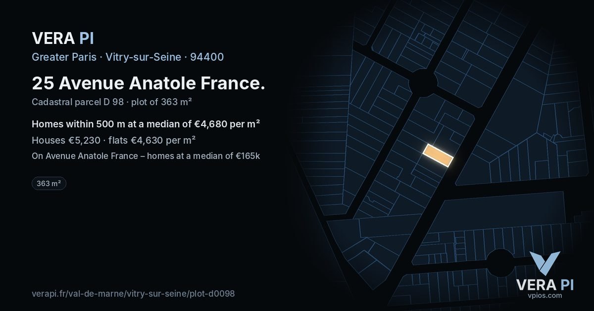 25 Avenue Anatole France, Vitry-sur-Seine at night – the plot lit, the parcels around coloured by the prices near them