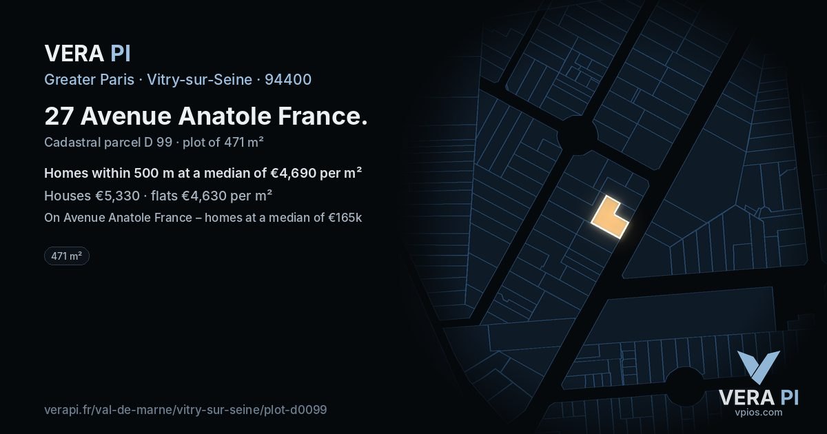 27 Avenue Anatole France, Vitry-sur-Seine at night – the plot lit, the parcels around coloured by the prices near them