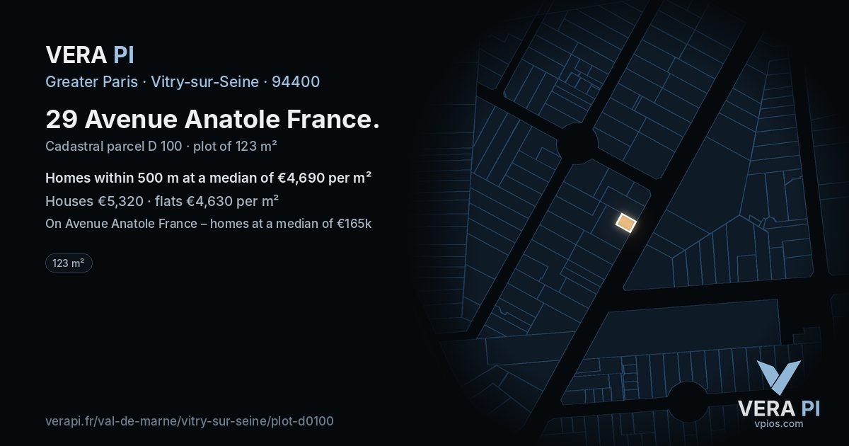 29 Avenue Anatole France, Vitry-sur-Seine at night – the plot lit, the parcels around coloured by the prices near them