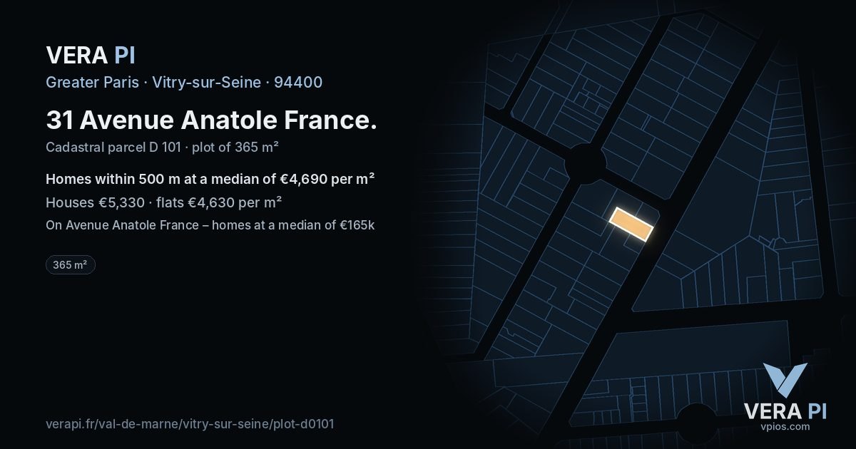 31 Avenue Anatole France, Vitry-sur-Seine at night – the plot lit, the parcels around coloured by the prices near them