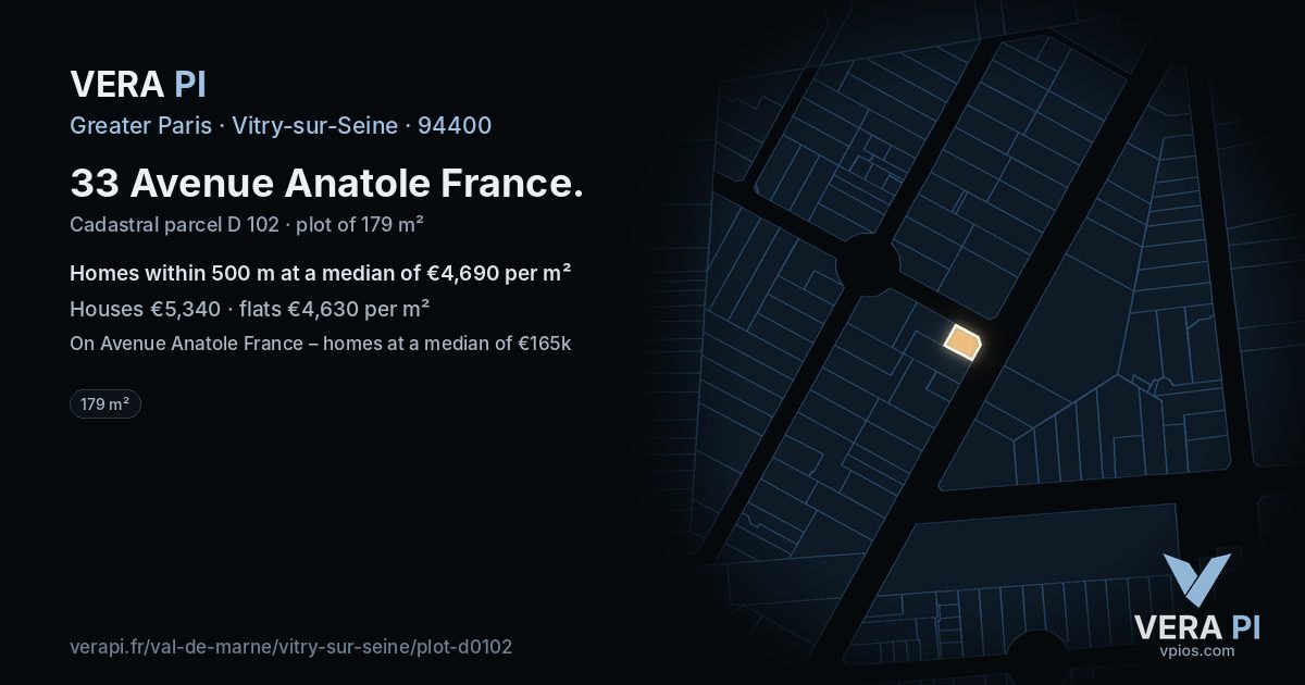 33 Avenue Anatole France, Vitry-sur-Seine at night – the plot lit, the parcels around coloured by the prices near them