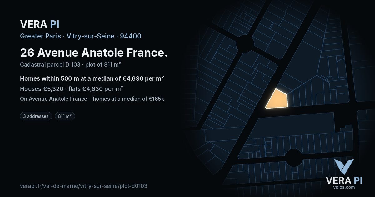 26 Avenue Anatole France, Vitry-sur-Seine at night – the plot lit, the parcels around coloured by the prices near them